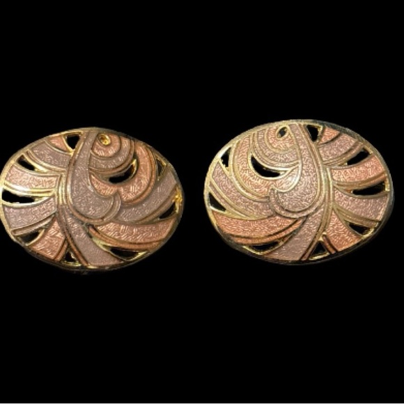 Vintage Cloisonne Enamel Art Deco Inspired Oval Earrings - Picture 1 of 7